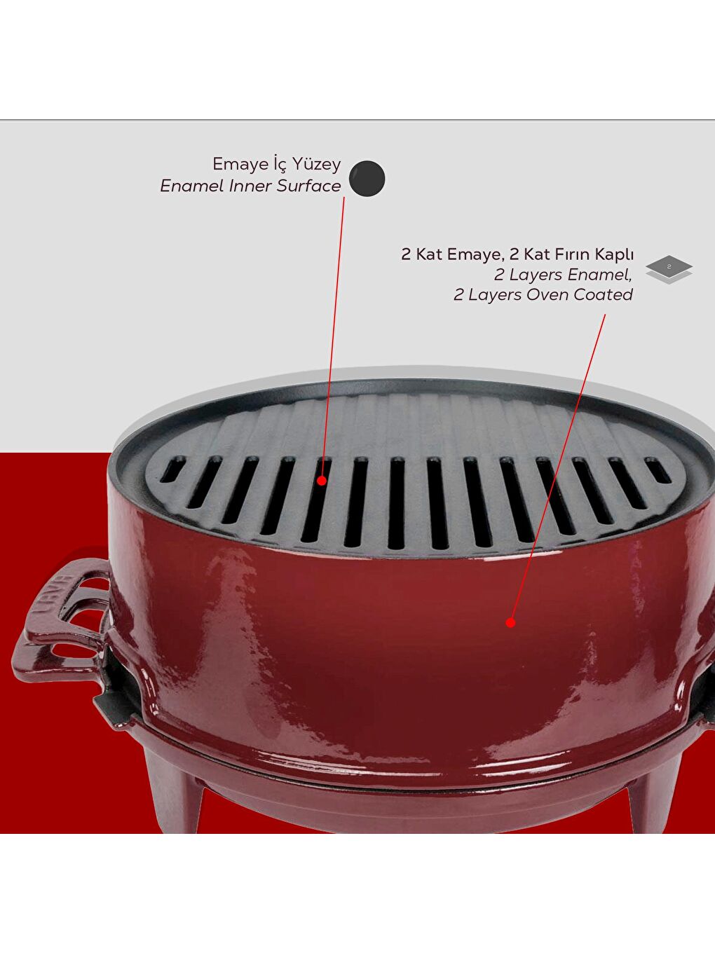 Bordo Yuvarlak Mangal Izgara Set Döküm Demir Yekpare Çift Kulplu Çap (Ø)36cm.-5