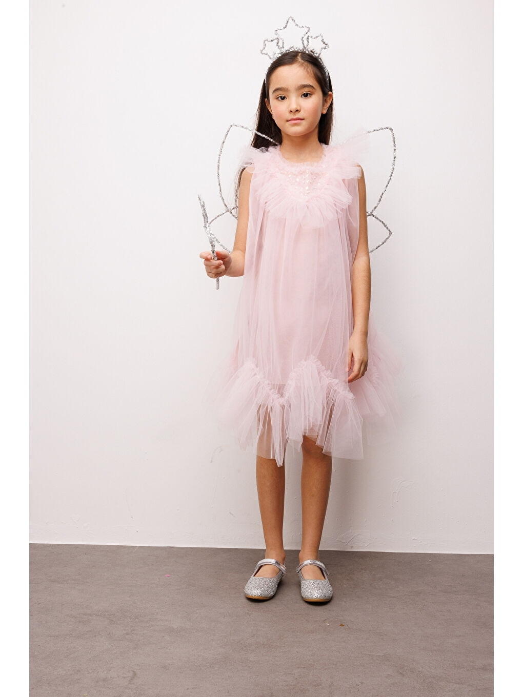 Pembe Pudra  Boncuk Detaylı Eteği Zikzaklı Kız Çocuk Elbise - Cherish-1
