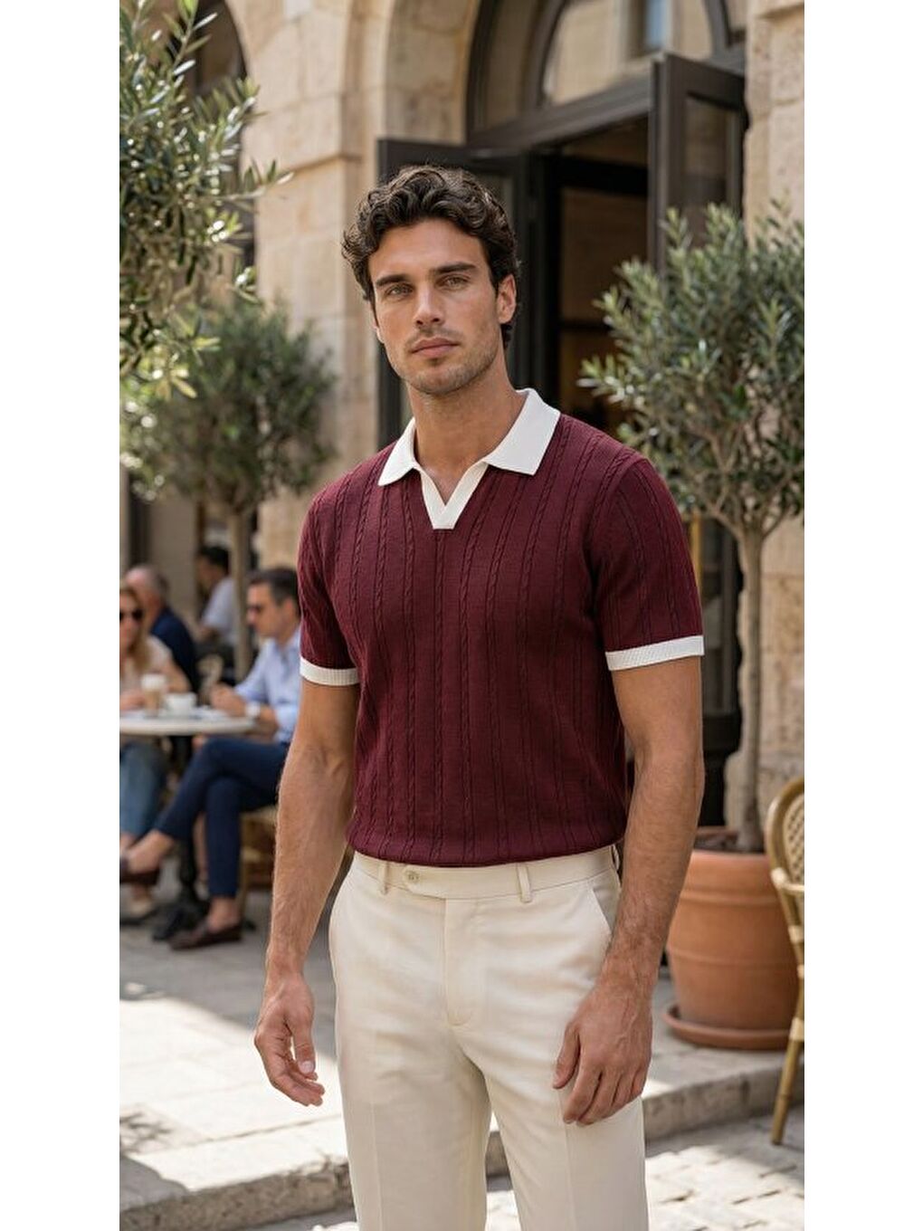 Sarı Erkek %100 Pamuk Polo Yaka Triko Tişört-2