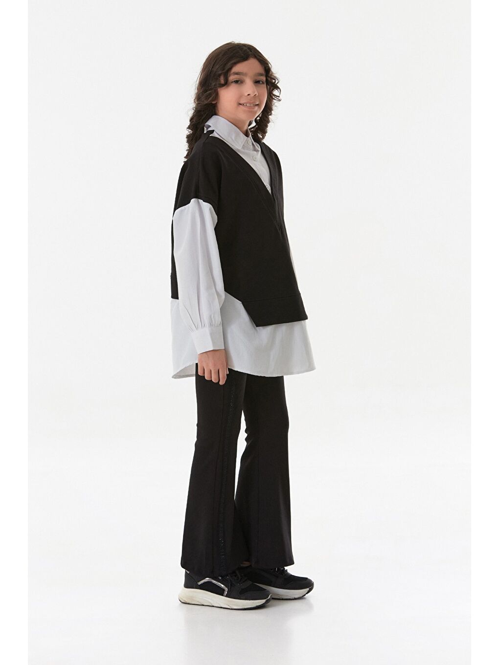 Siyah %100 Pamuk Gömlek Detaylı Kız Çocuk Penye Takım-4