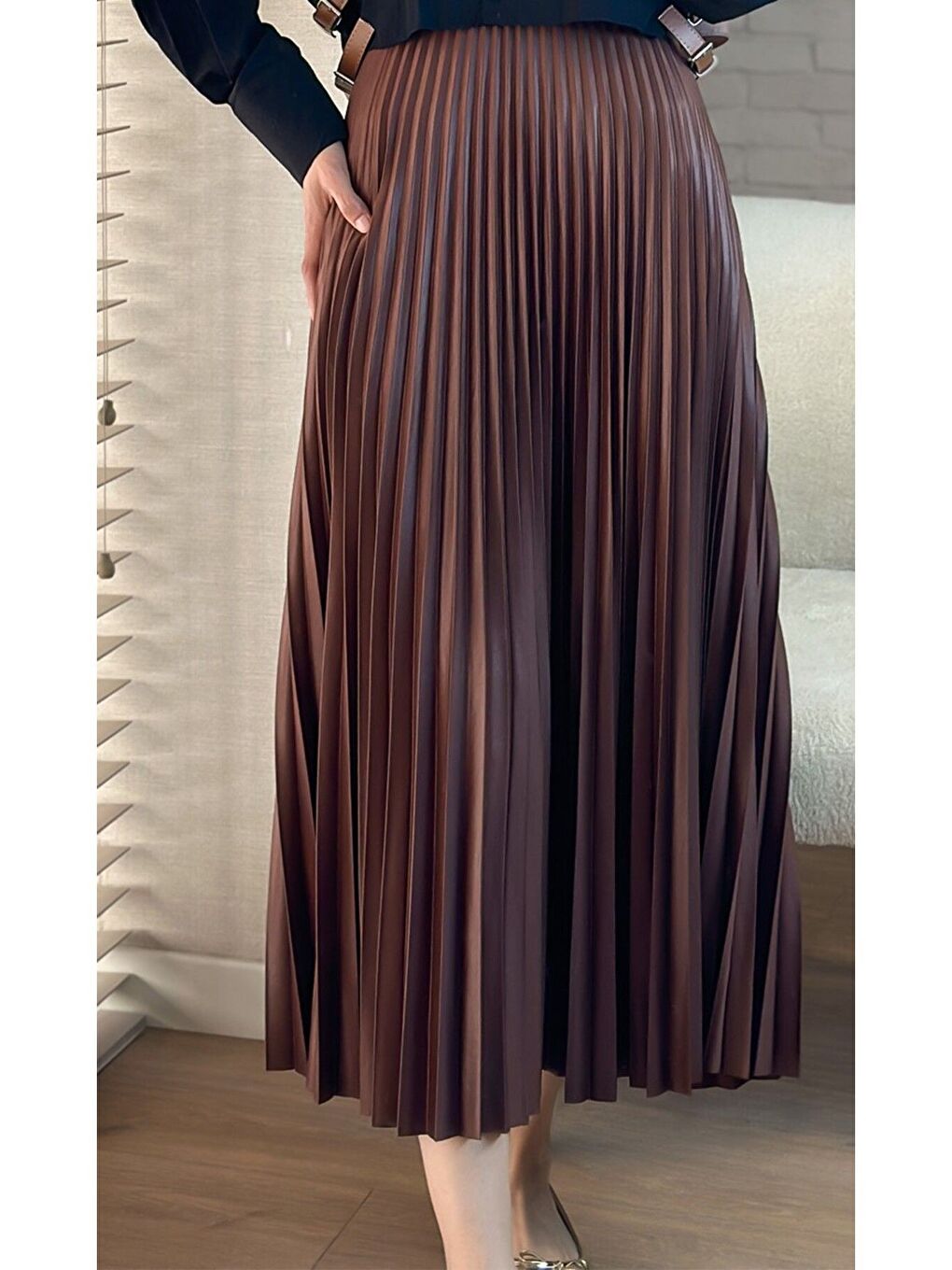 Kahverengi Kadın Piliseli Uzun Etek Kahve-1