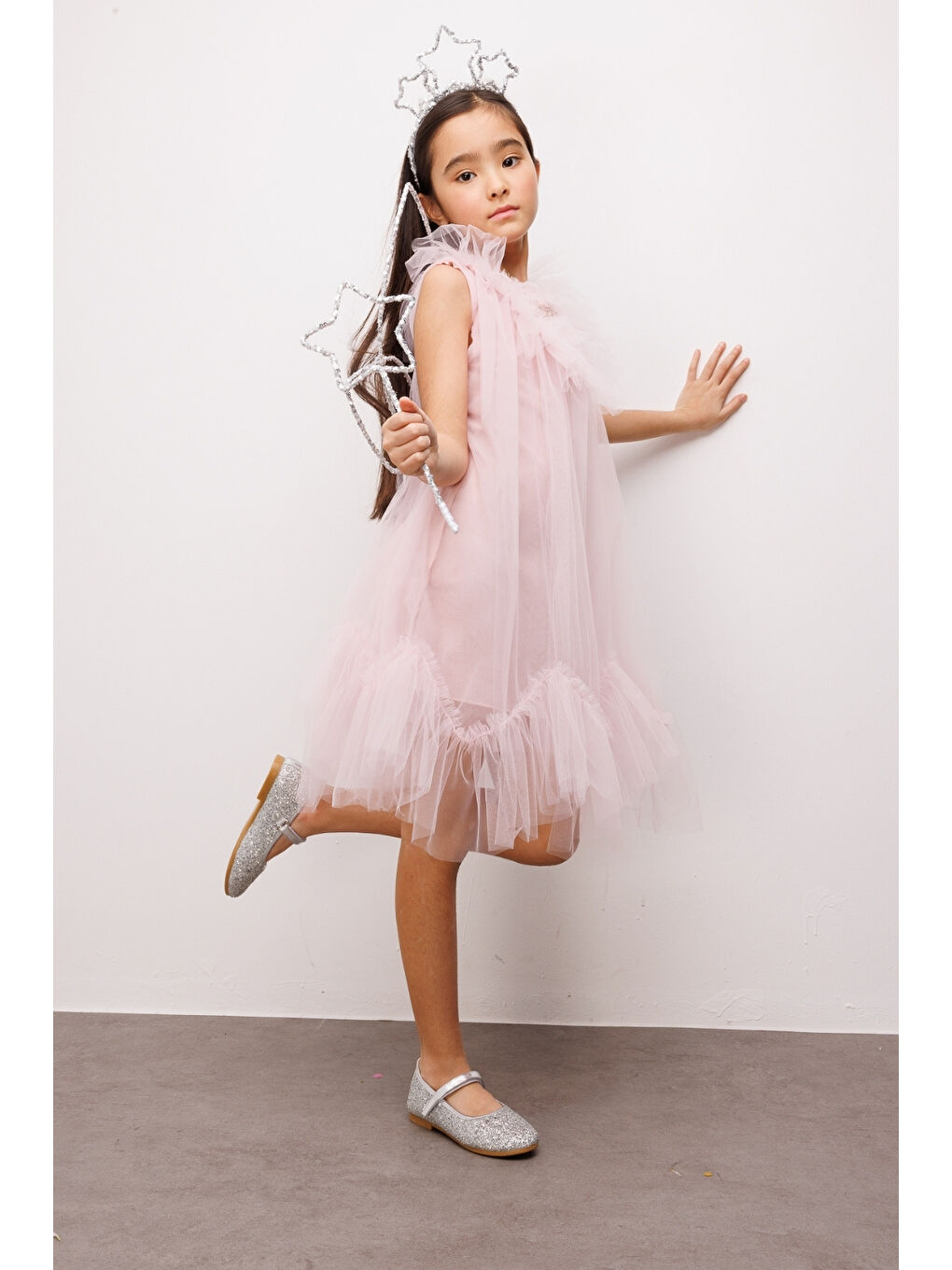 Pembe Pudra  Boncuk Detaylı Eteği Zikzaklı Kız Çocuk Elbise - Cherish-2