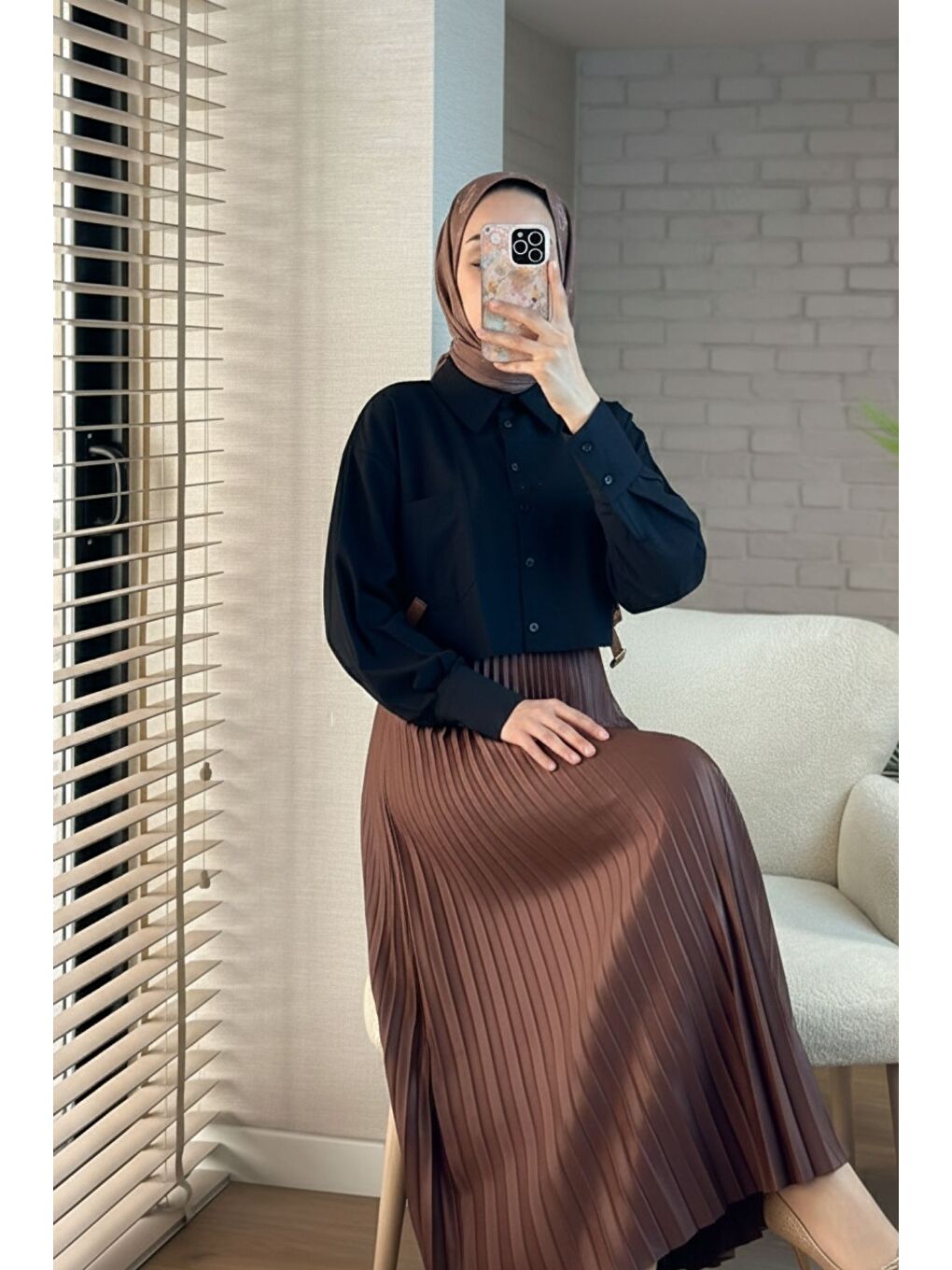 Kahverengi Kadın Piliseli Uzun Etek Kahve-2