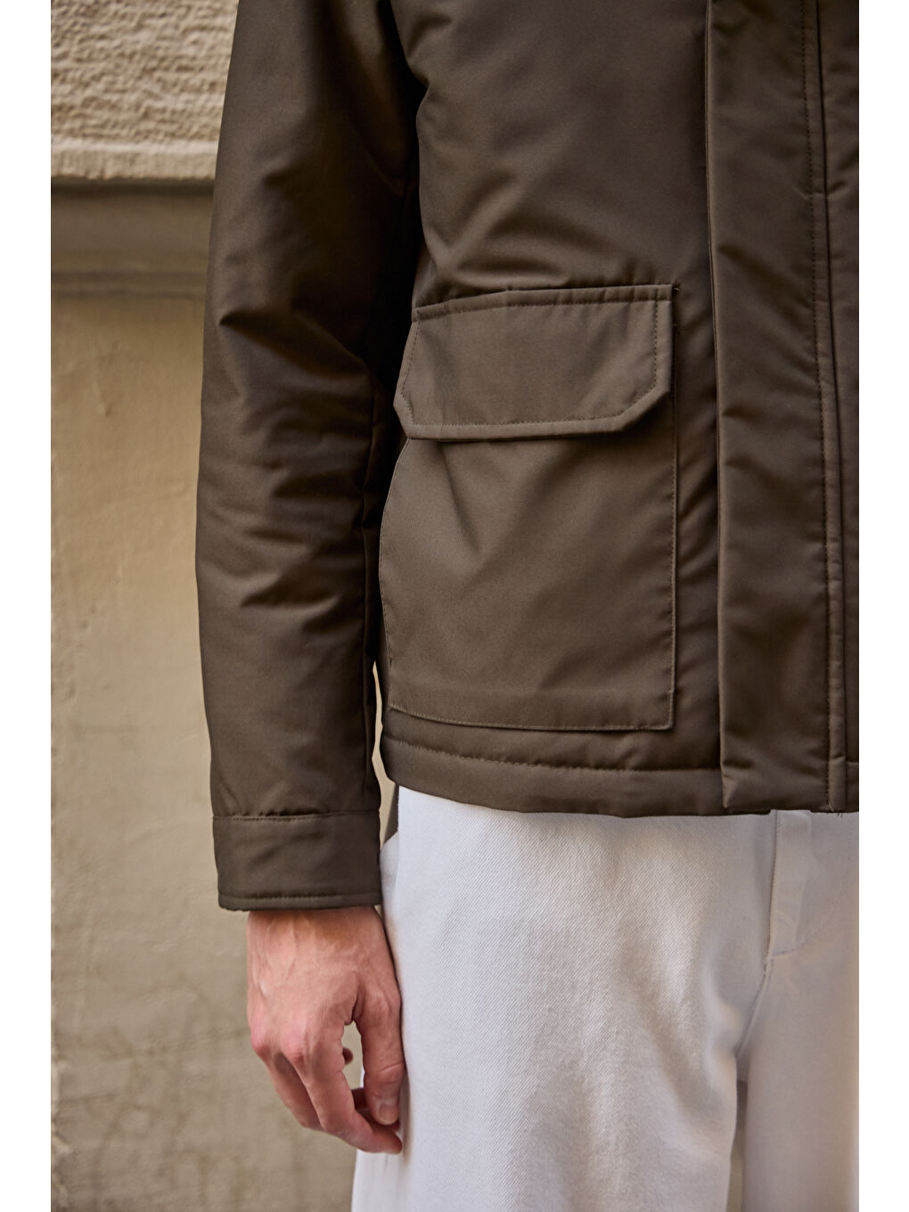 Erkek Kontrast Yakalı Mont Ceket Haki-3