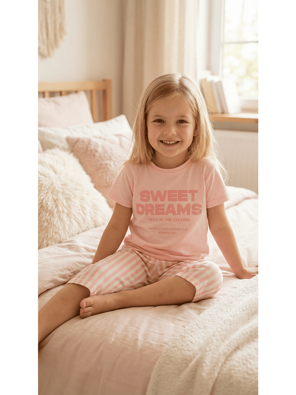 Pembe Kız Çocuk Kısa Kollu %100 Pamuk Kapri Pijama Takımı Sweet Dreams