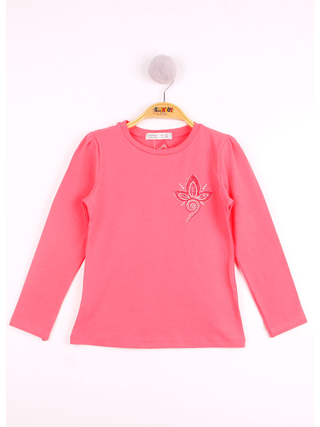 Kırmızı Kız Çocuk Göğsü Çiçek Nakışlı T-Shirt-2