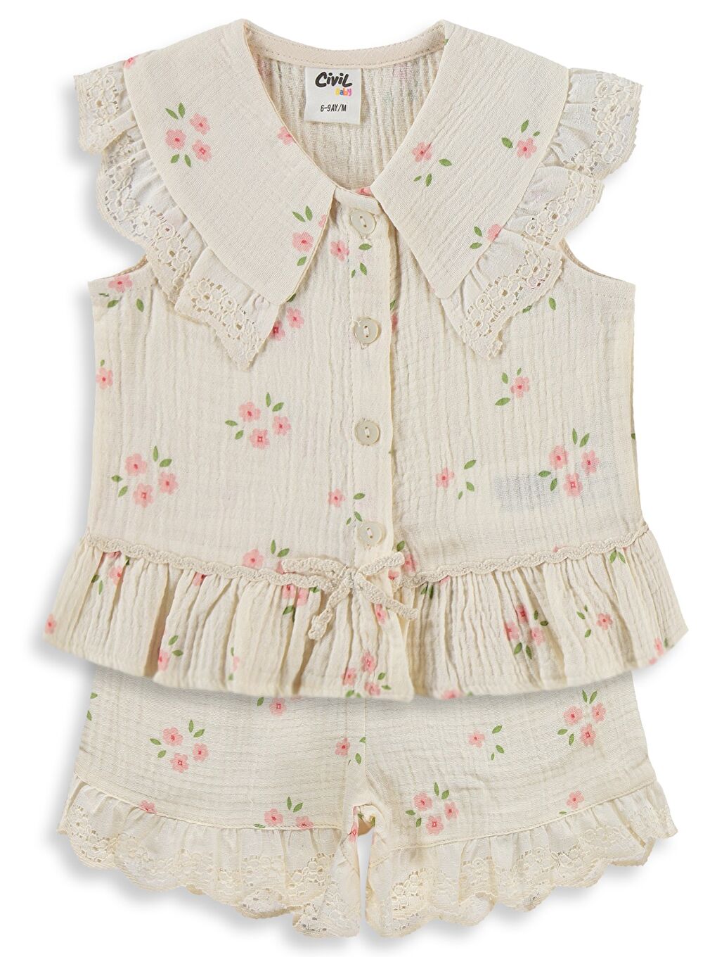 Ekru Baby Çiçek Baskılı Yakalı 6-18 Ay Takım - Bej