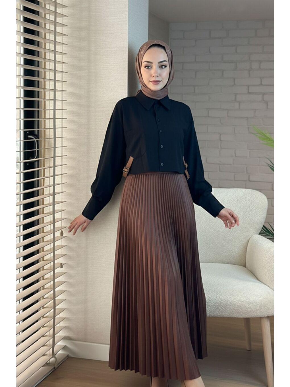 Kahverengi Kadın Piliseli Uzun Etek Kahve-3