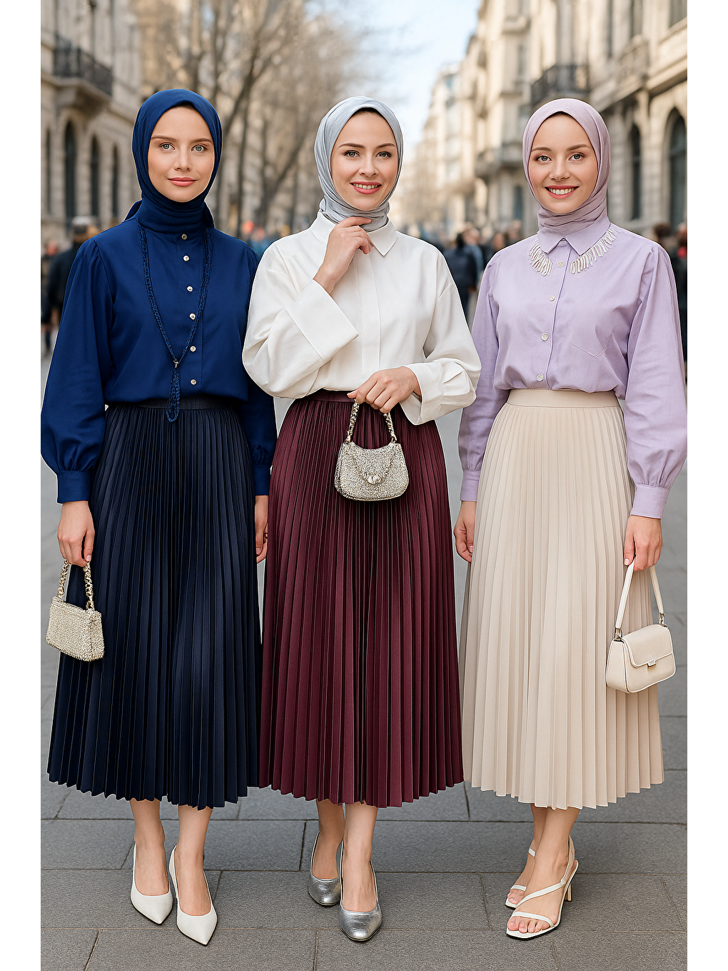 Ekru Kadın 3 Lü Paket Basic Pilise Bol Yazlık Uzun Etek