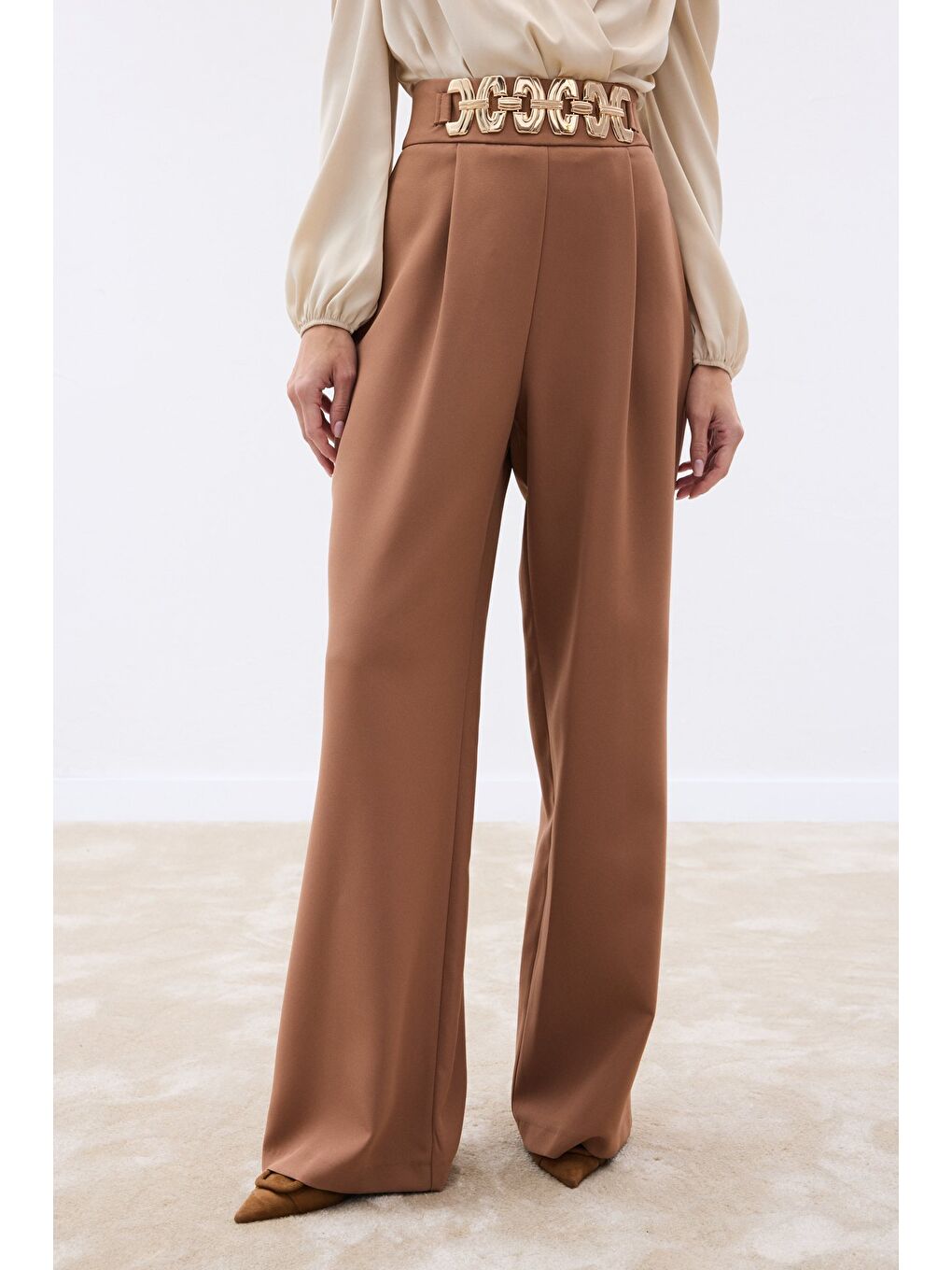 Kahverengi Kemerli Salaş Pantolon - Camel-4