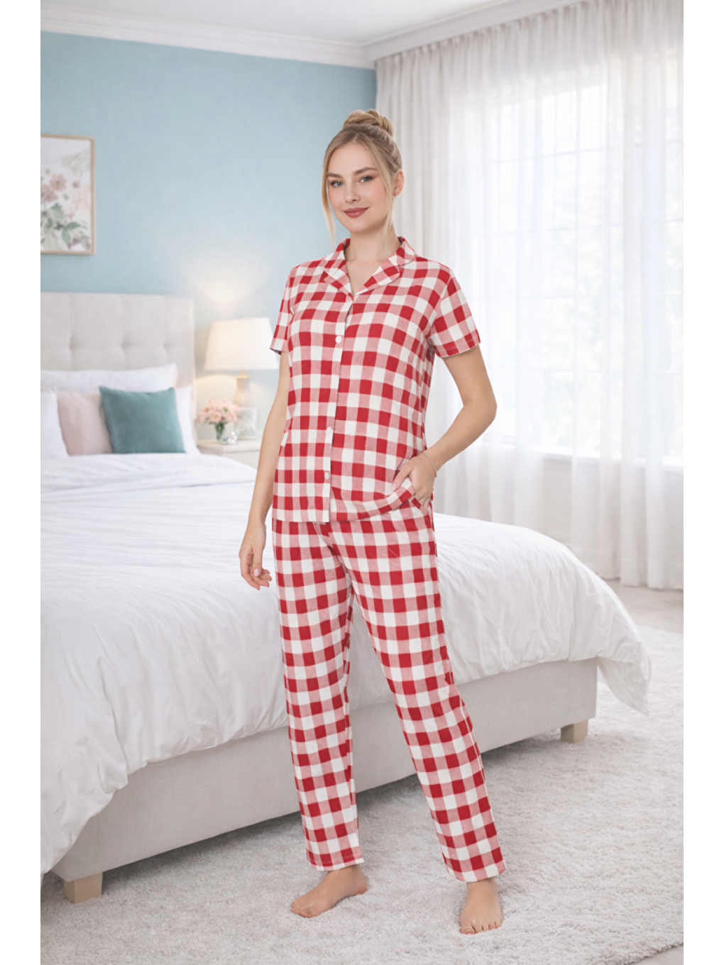Kırmızı PREMIUM Kadın %100 Doğal Pamuk Ekose/Kareli Desenli Gömlek Yaka Biyeli Düğmeli Cepli Pijama Takımı-1