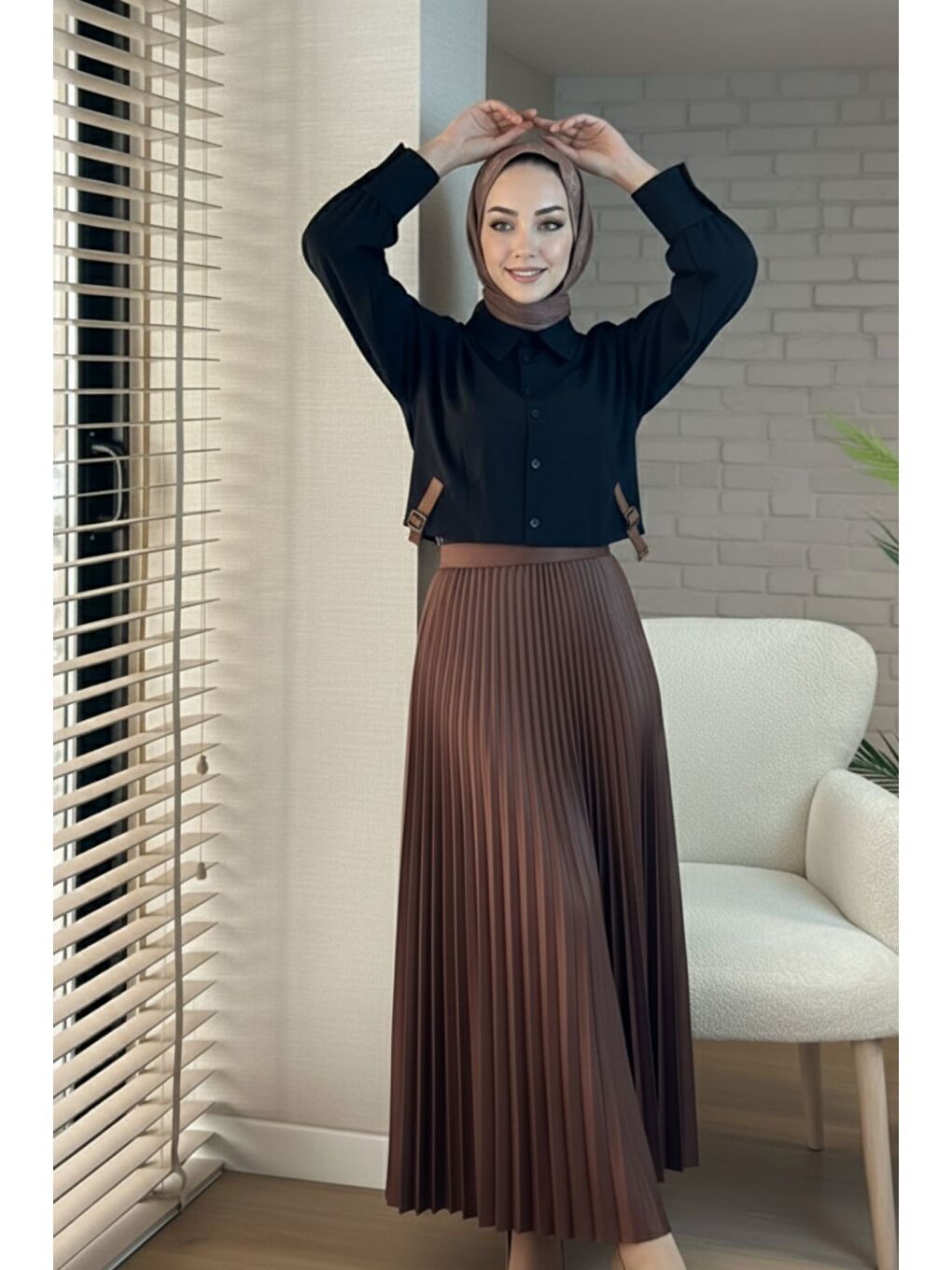 Kahverengi Kadın Piliseli Uzun Etek Kahve-4