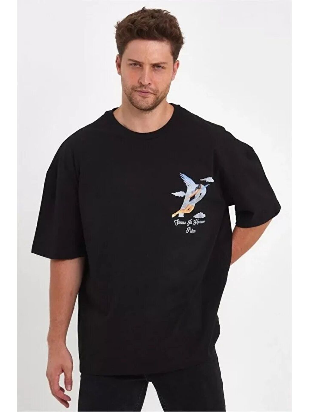Erkek Melek Baskılı Oversize T-shirt - Siyah