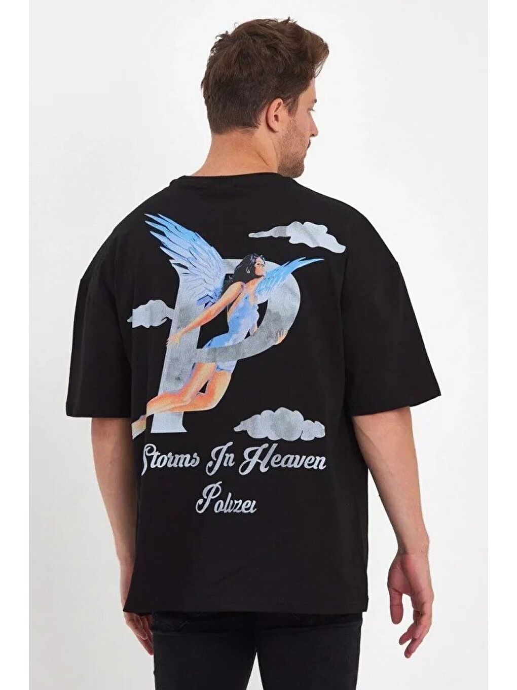 Erkek Melek Baskılı Oversize T-shirt - Siyah-1