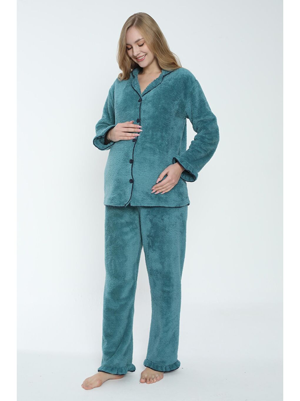 Petrol Yeşili Önden Düğmeli Hamile ve Lohusa Pelüş Pijama Takımı-2