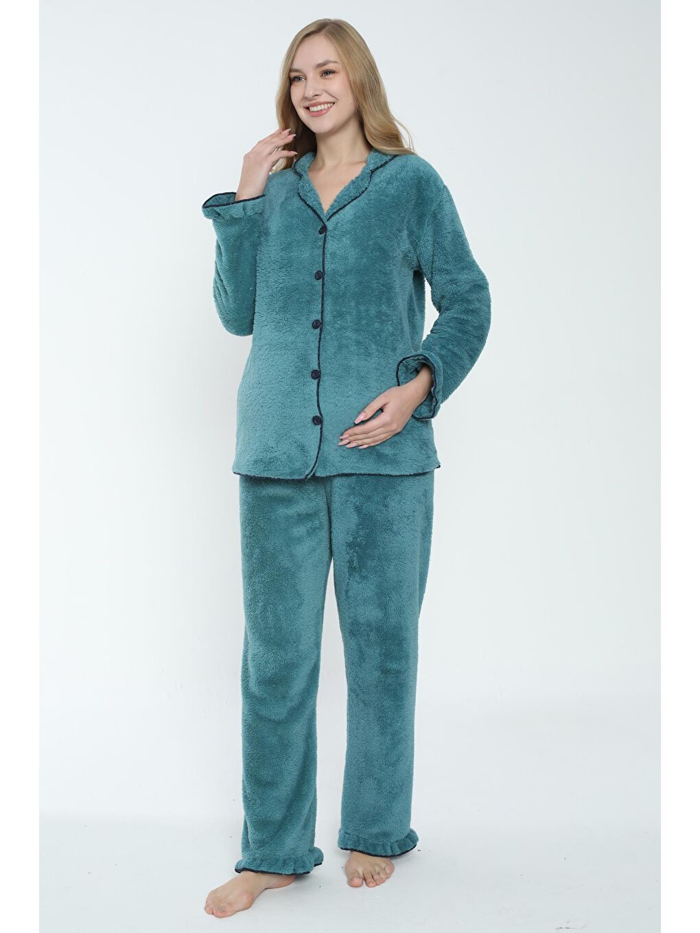 Petrol Yeşili Önden Düğmeli Hamile ve Lohusa Pelüş Pijama Takımı-3