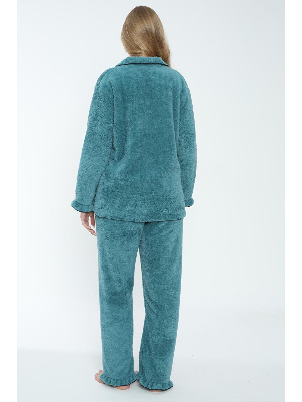 Petrol Yeşili Önden Düğmeli Hamile ve Lohusa Pelüş Pijama Takımı-4