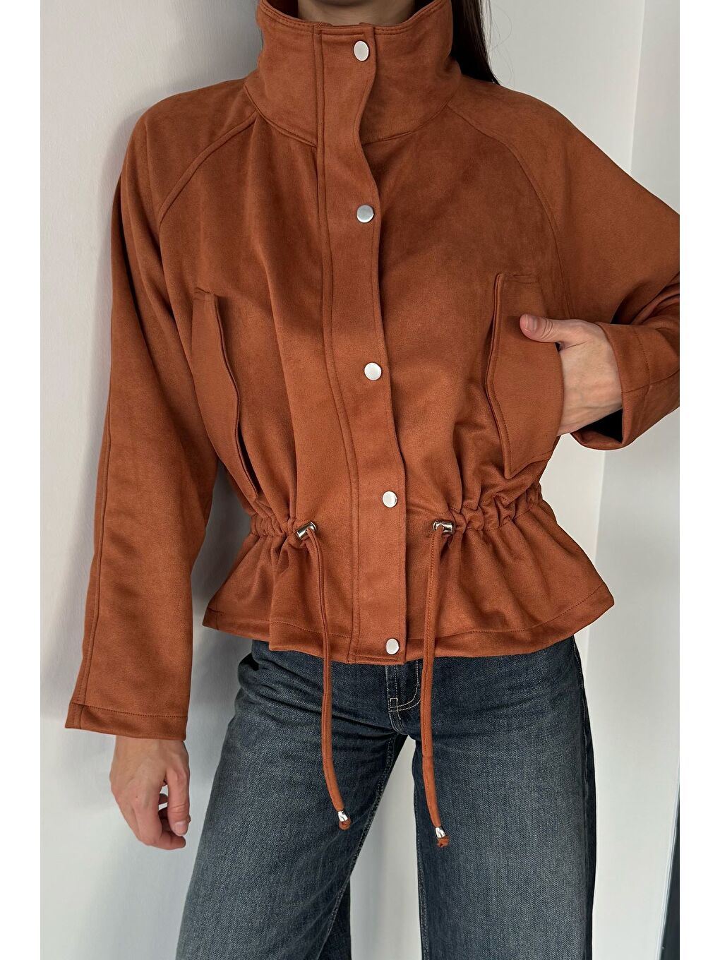 Kahverengi Kadın Bel Lastikli Süet Ceket