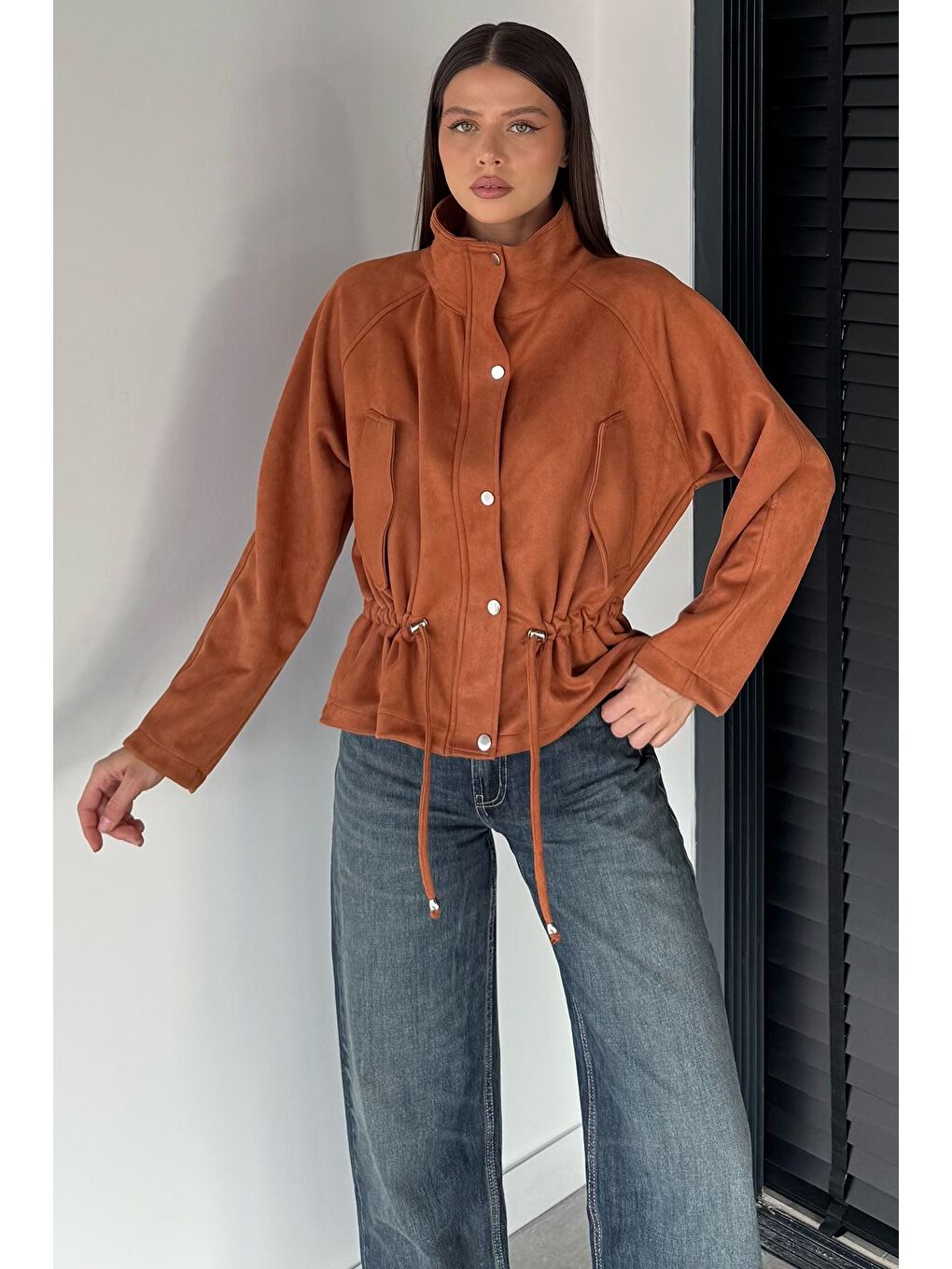 Kahverengi Kadın Bel Lastikli Süet Ceket-1