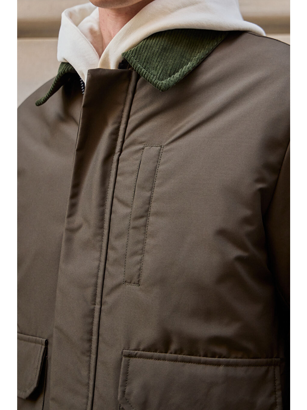 Erkek Kontrast Yakalı Mont Ceket Haki-4