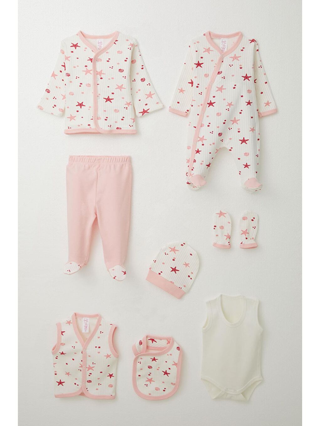 Kız Bebek Hastane Çıkışı 8 Li Deniz Yıldızı Desenli Ekru (0-3 Ay)