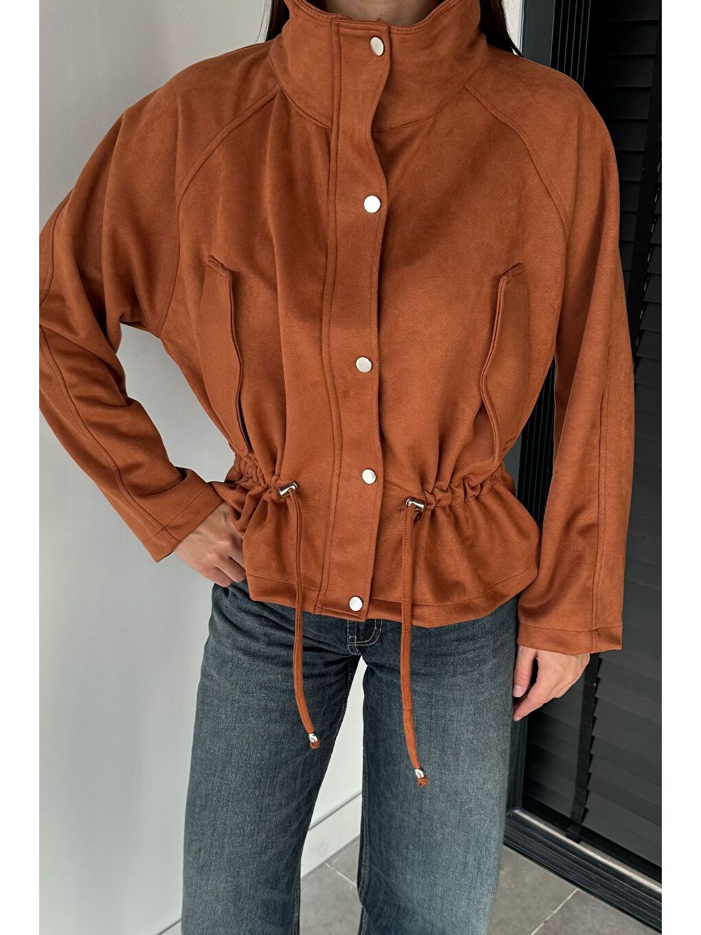 Kahverengi Kadın Bel Lastikli Süet Ceket-2