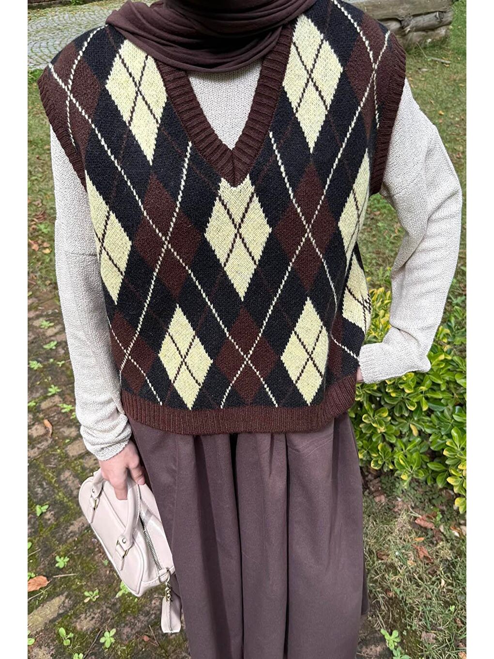 Baklava Desenli Süveter Acı Kahverengi-2