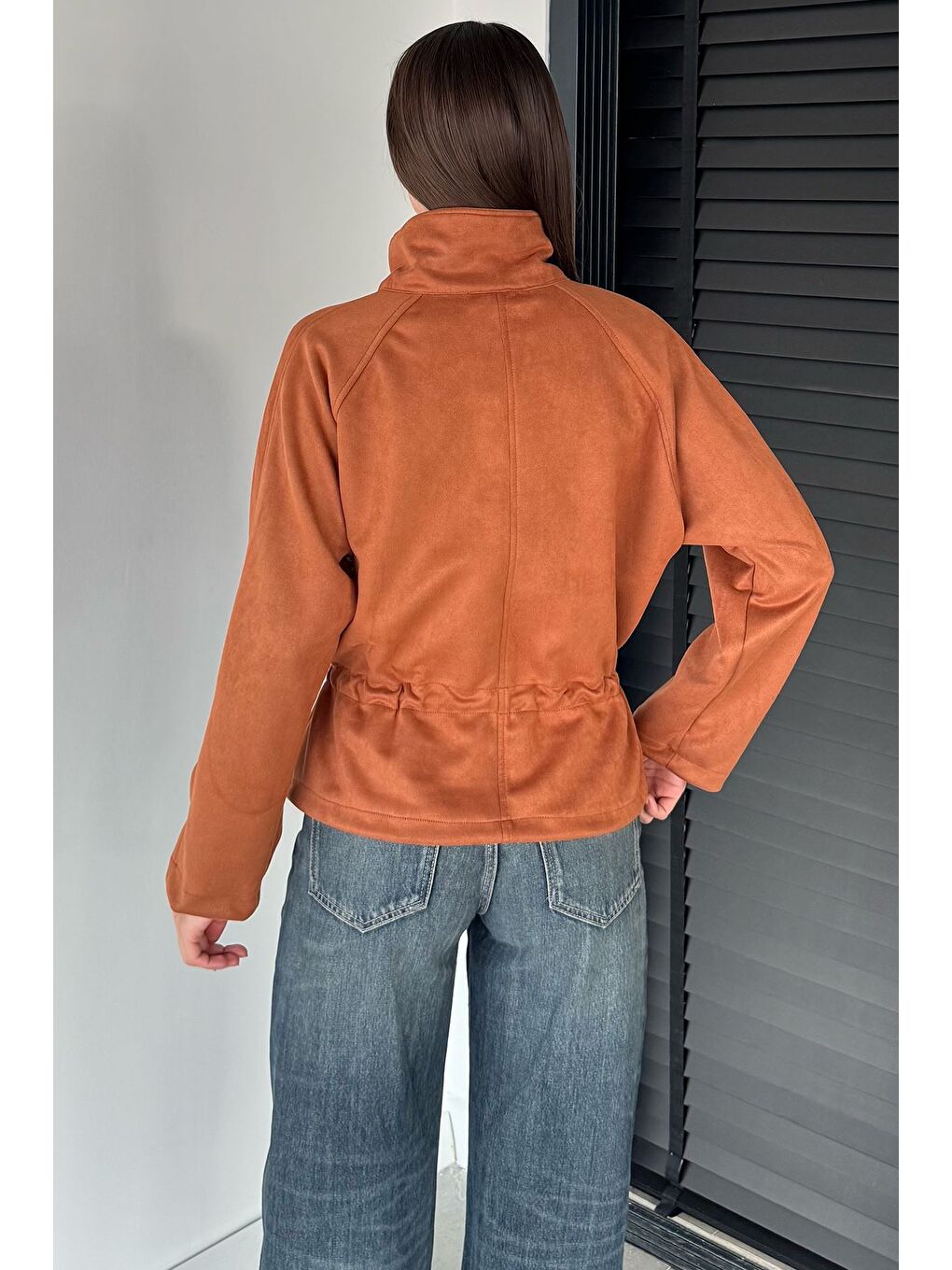 Kahverengi Kadın Bel Lastikli Süet Ceket-3