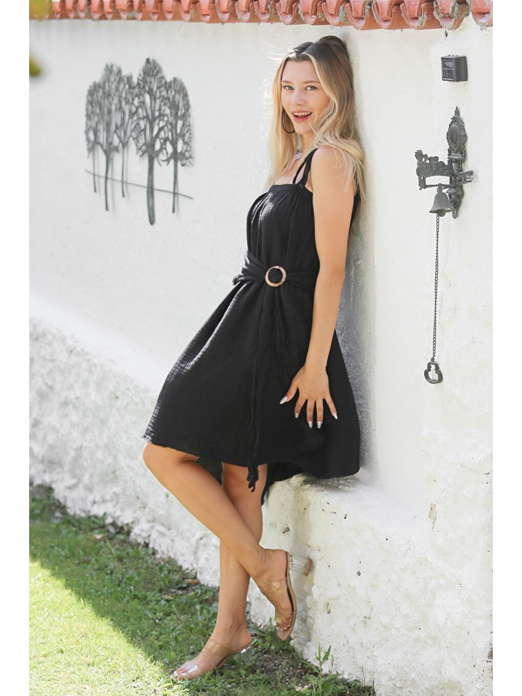 Siyah Askılı Yıkamalı Tokalı Dokuma Asimetrik Casual Pamuk Elbise-6