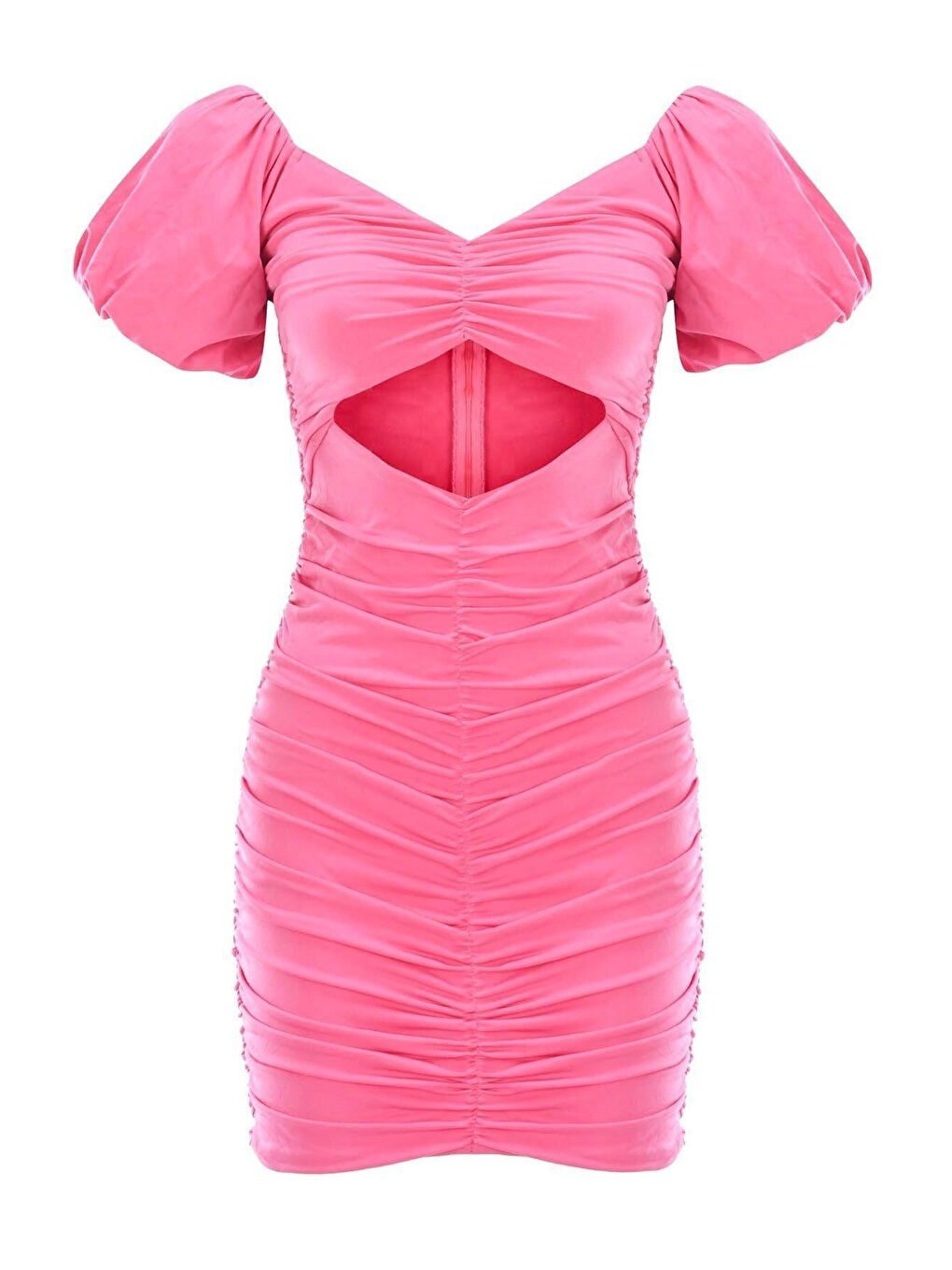Pembe Kısa Balon Kol Göbeği Açık Önden Drapeli Mini Elbise