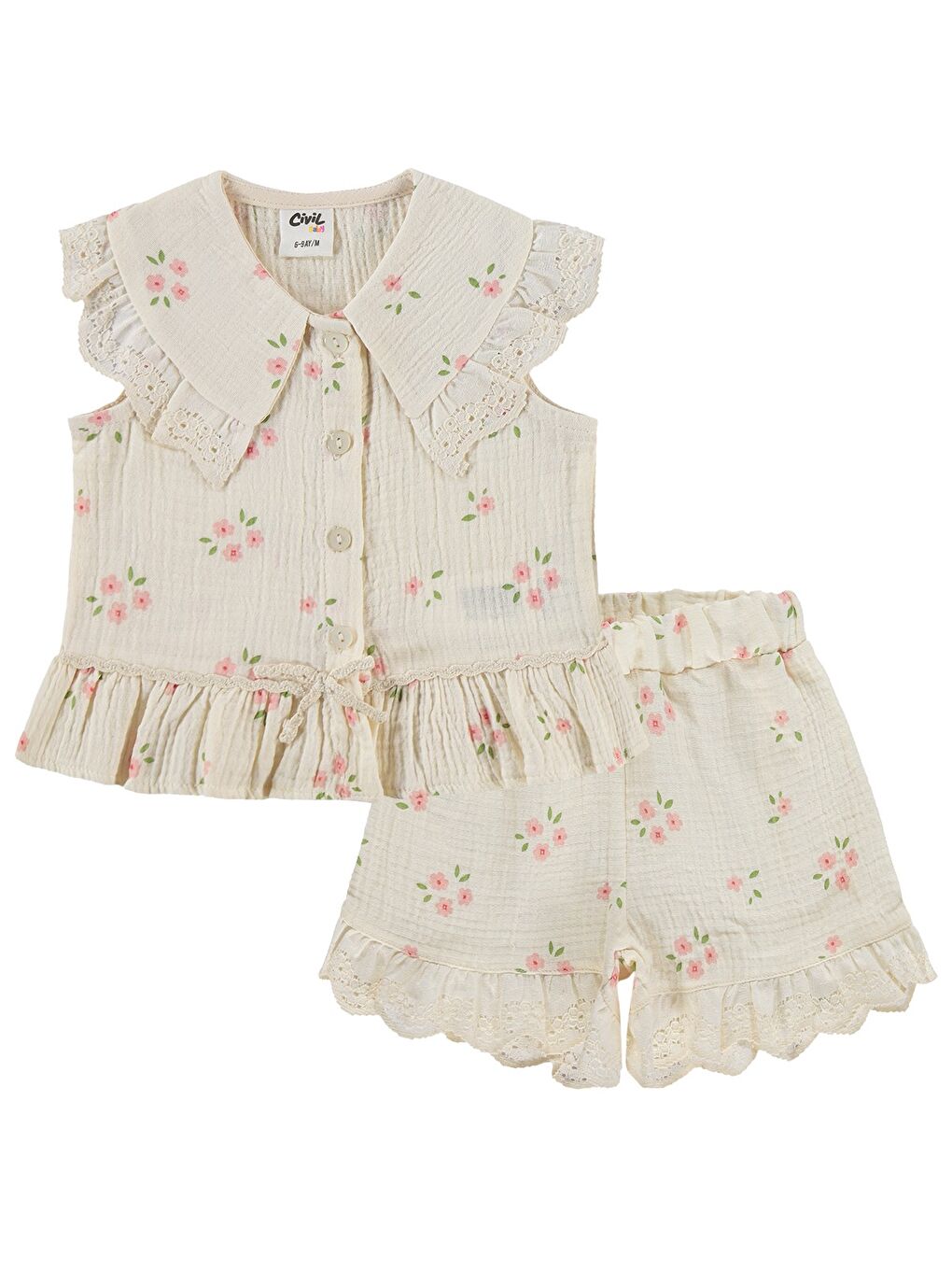 Ekru Baby Çiçek Baskılı Yakalı 6-18 Ay Takım - Bej-3