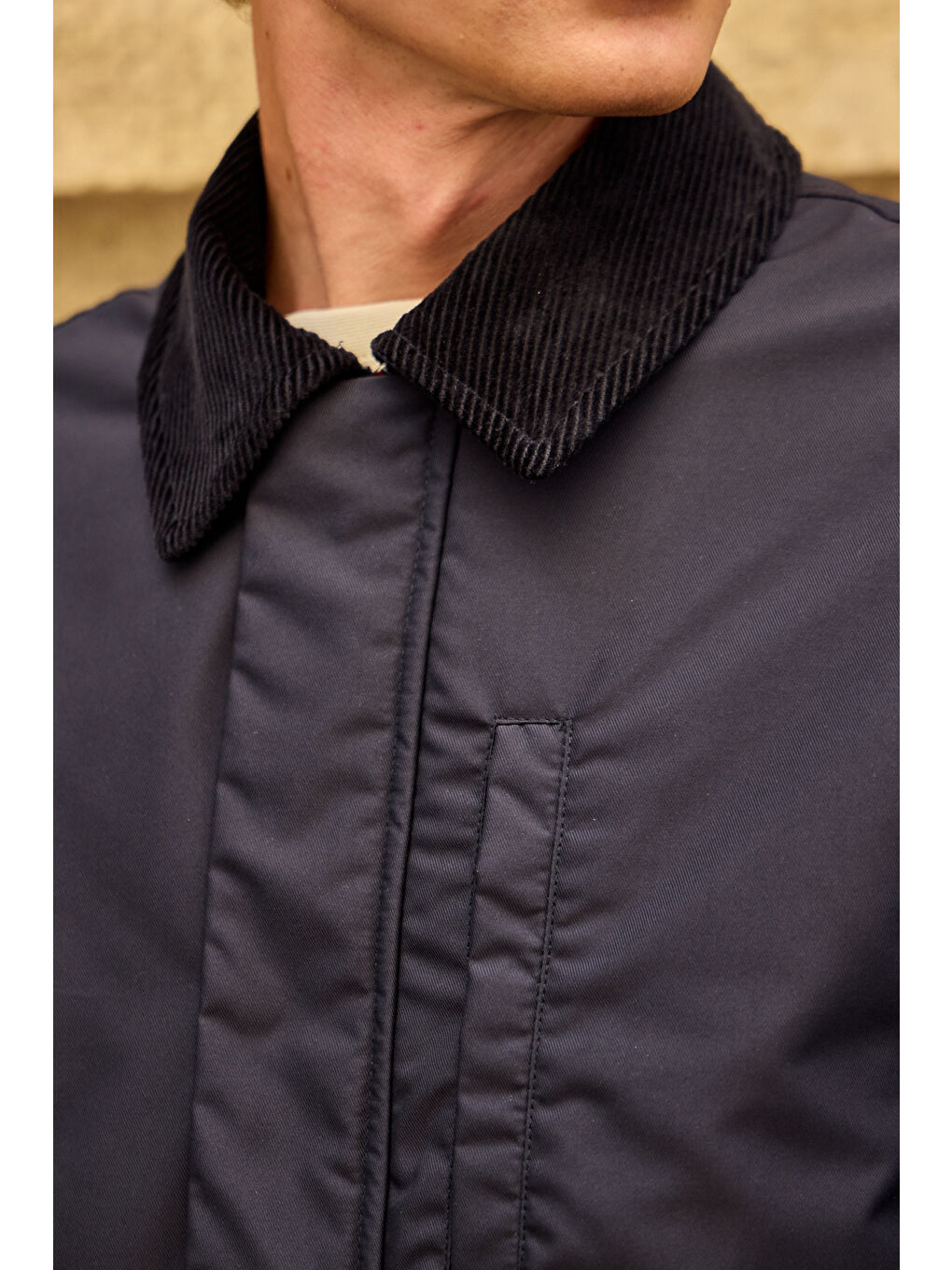 Erkek Kontrast Yakalı Mont Ceket Lacivert-4