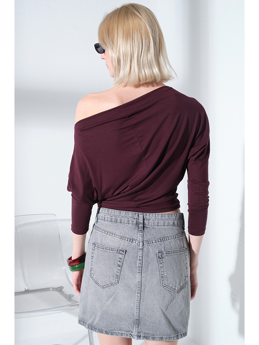 Mürdüm Soft Touch Premium Yarasa Uzun Kollu Tek Omuz Kayık Yaka Örme  Kadın Tişört Bluz @Marche-4