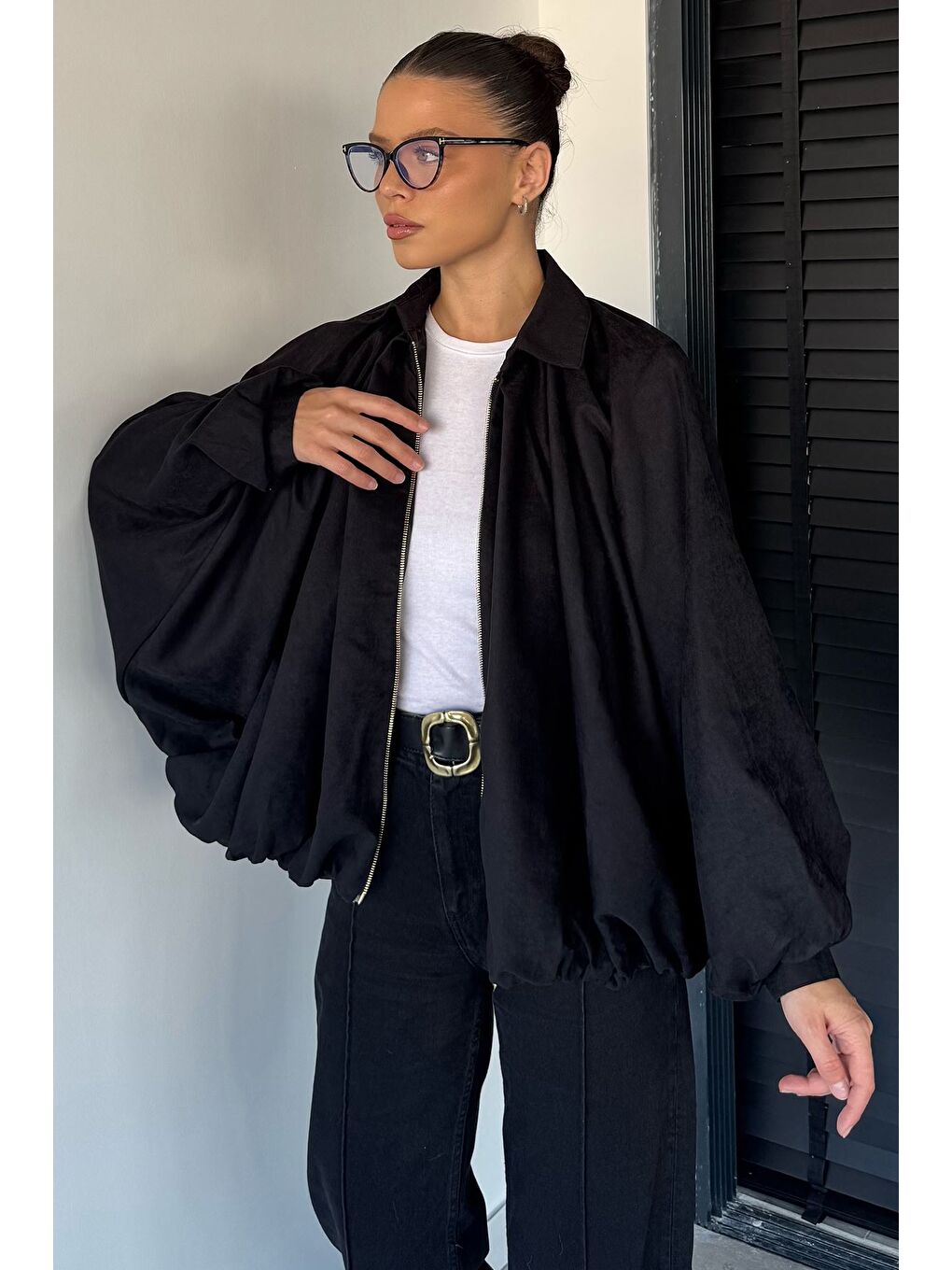Siyah Kadın Yarasa Kol Oversize Süet Ceket