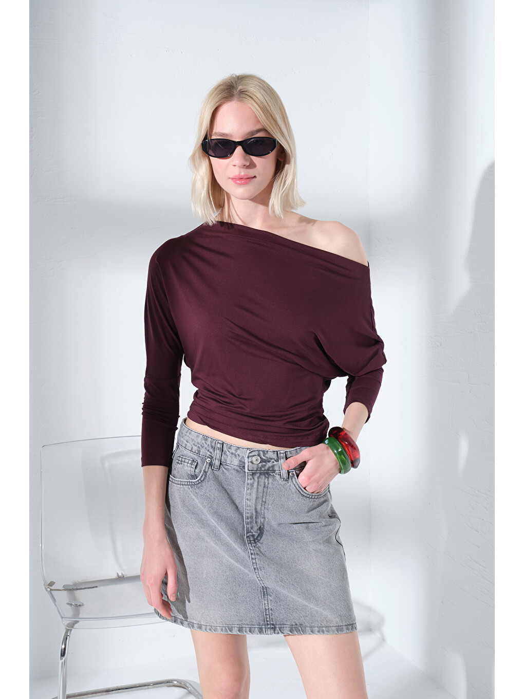 Mürdüm Soft Touch Premium Yarasa Uzun Kollu Tek Omuz Kayık Yaka Örme  Kadın Tişört Bluz @Marche-5