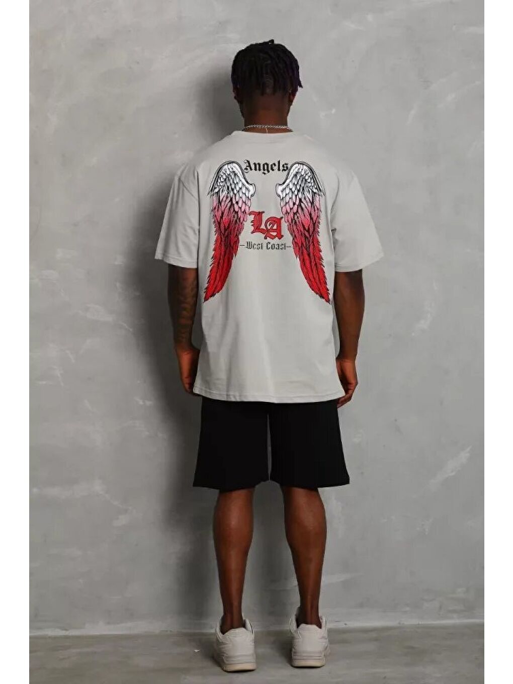 Unisex Oversize Baskılı Bisiklet Yaka T-Shirt - Gri-1