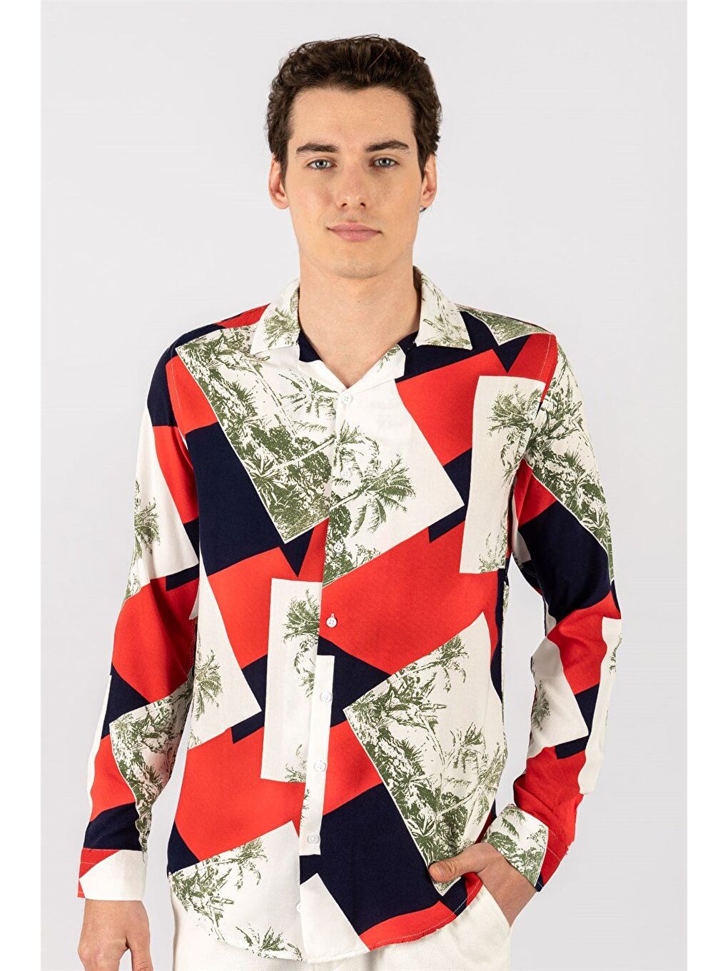 Karışık Slim Fit Dar Kesim Uzun Kollu Baskılı Desenli Apaş Yaka Viskon Gömlek-1