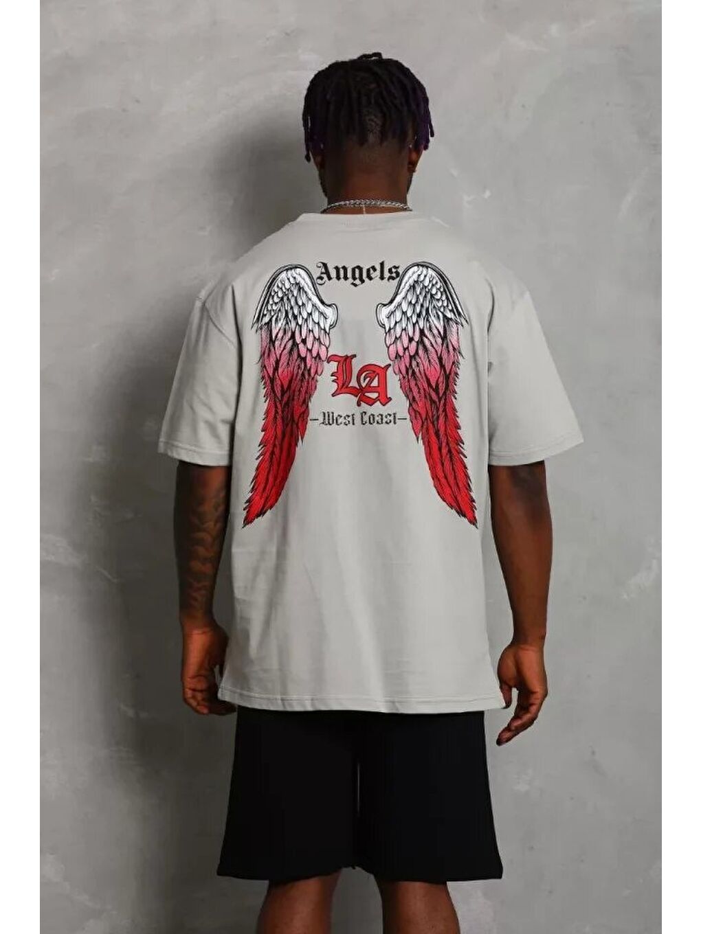 Unisex Oversize Baskılı Bisiklet Yaka T-Shirt - Gri-2