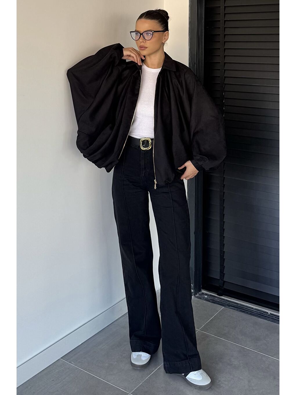 Siyah Kadın Yarasa Kol Oversize Süet Ceket-1