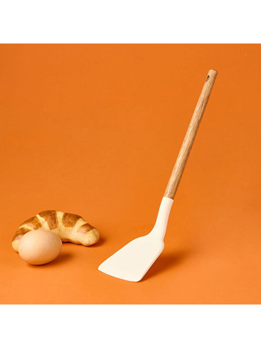 Ahşap Saplı Silikon Geniş Spatula - Krem / Kahverengi-3