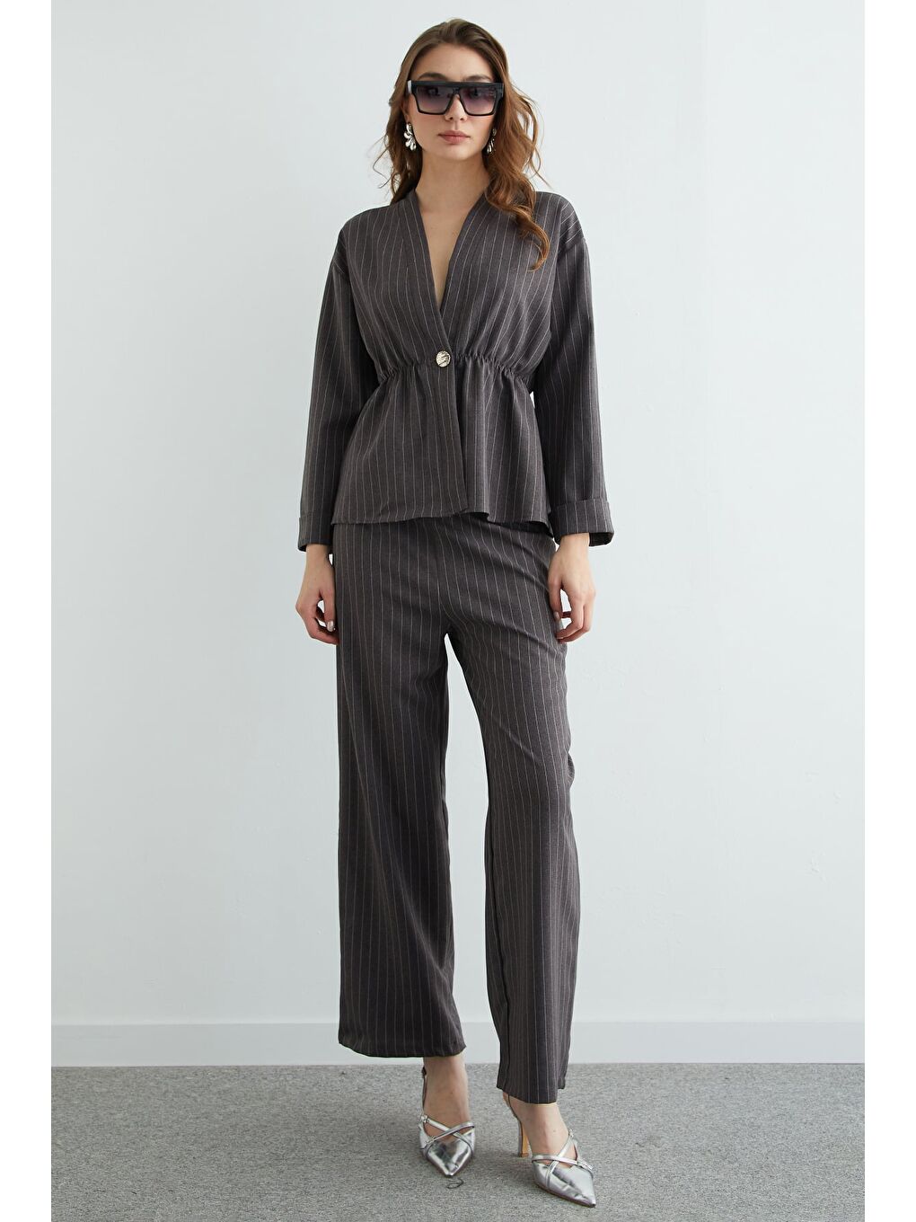 Antrasit Çizgili Beli Lastikli Blazer 2 Li Takım