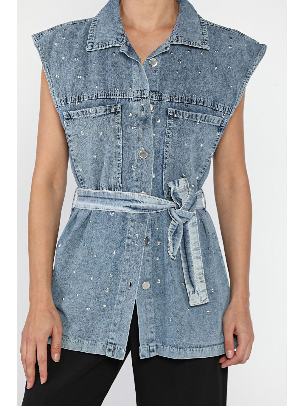 Mavi Kadın Zımba Detaylı Bel Kuşaklı Çift Cepli Jean Yelek-2