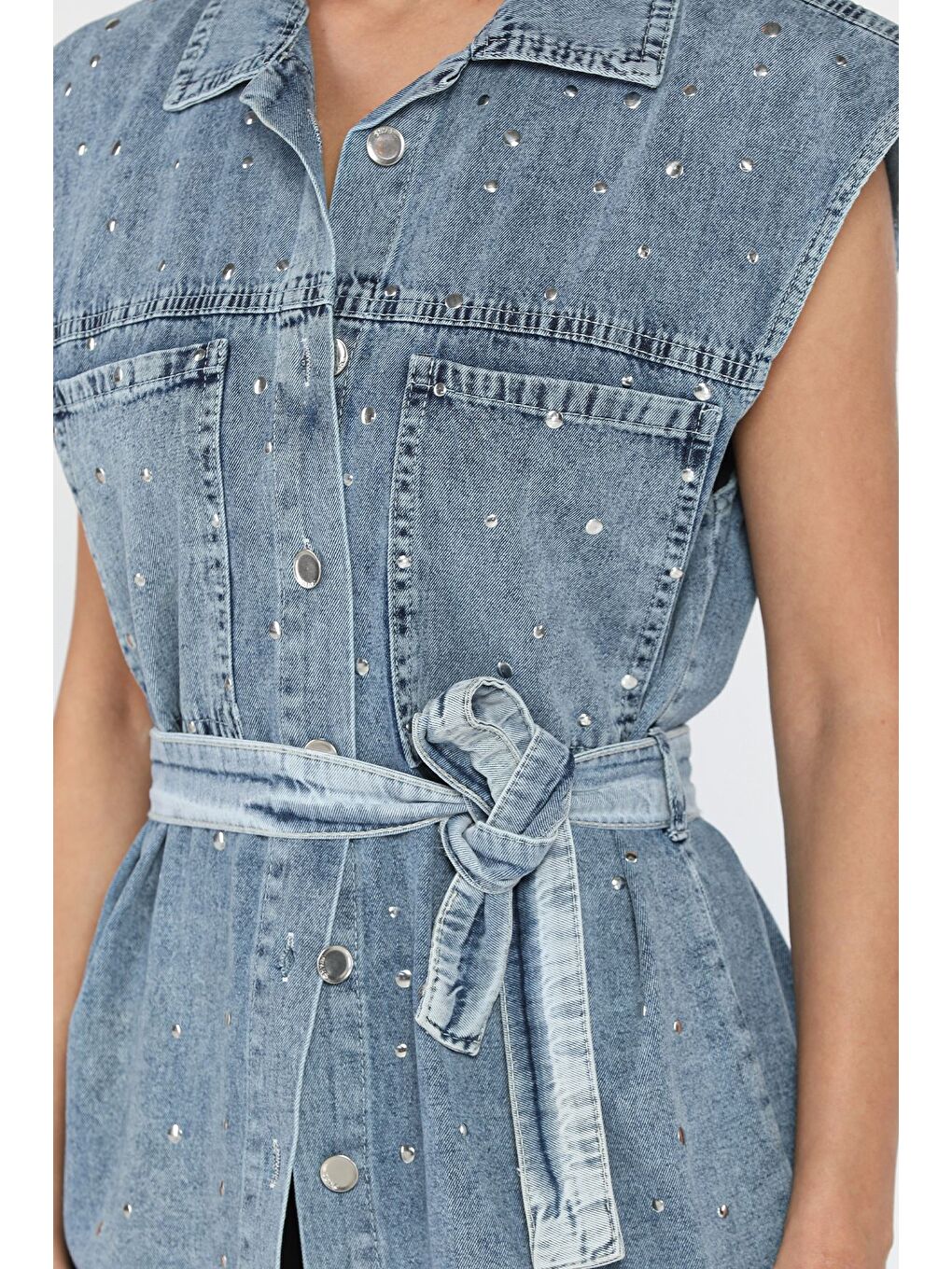 Mavi Kadın Zımba Detaylı Bel Kuşaklı Çift Cepli Jean Yelek-3