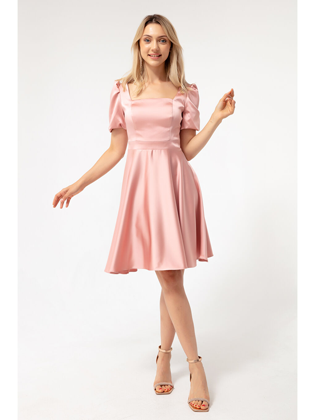 Pembe Kadın Pudra Balon Kol Kloş Kesim Midi Saten Abiye Elbise-1