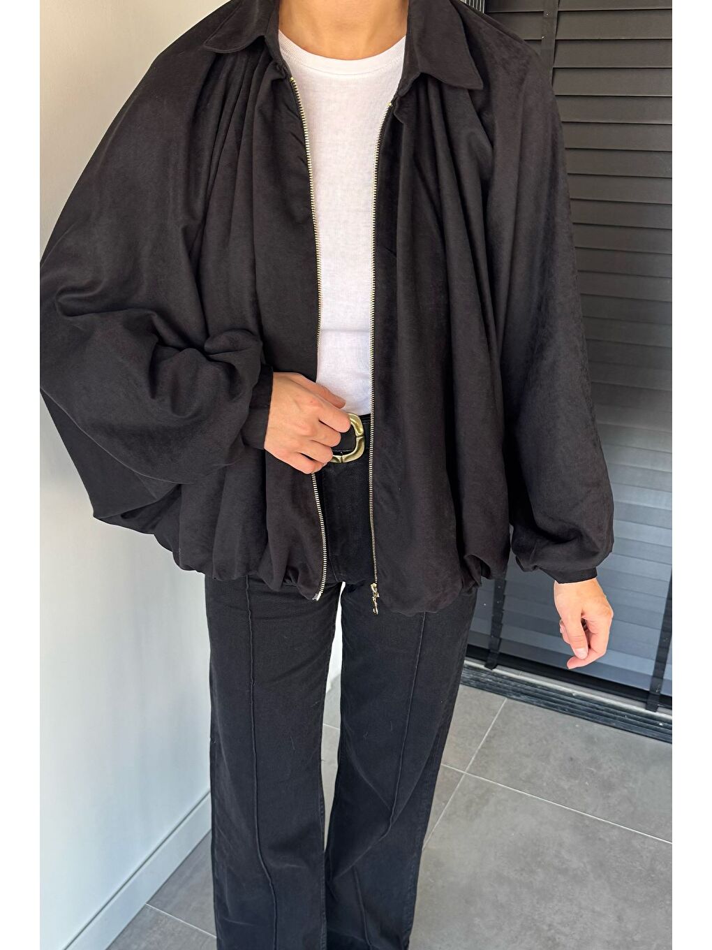 Siyah Kadın Yarasa Kol Oversize Süet Ceket-2
