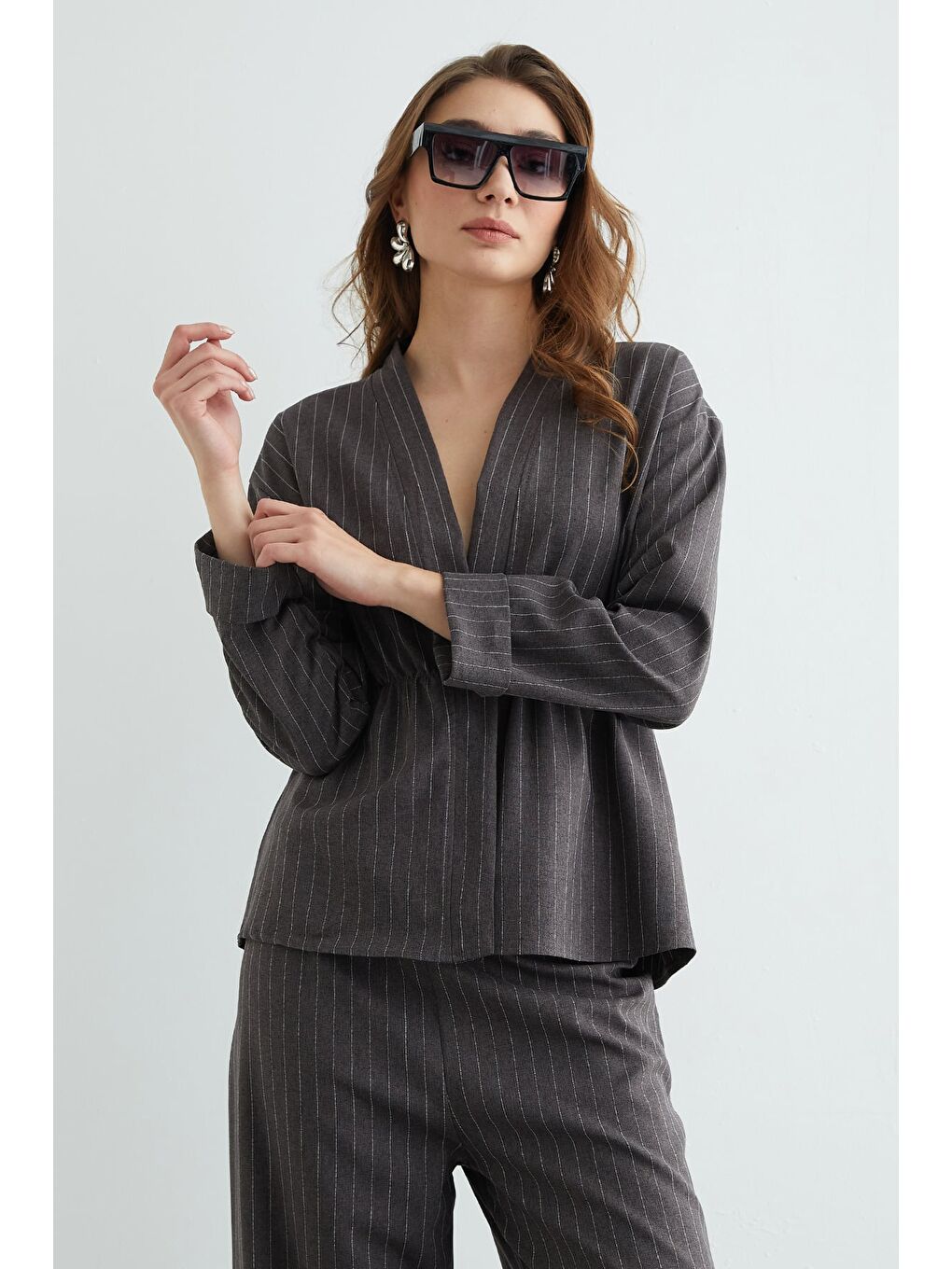 Antrasit Çizgili Beli Lastikli Blazer 2 Li Takım-1