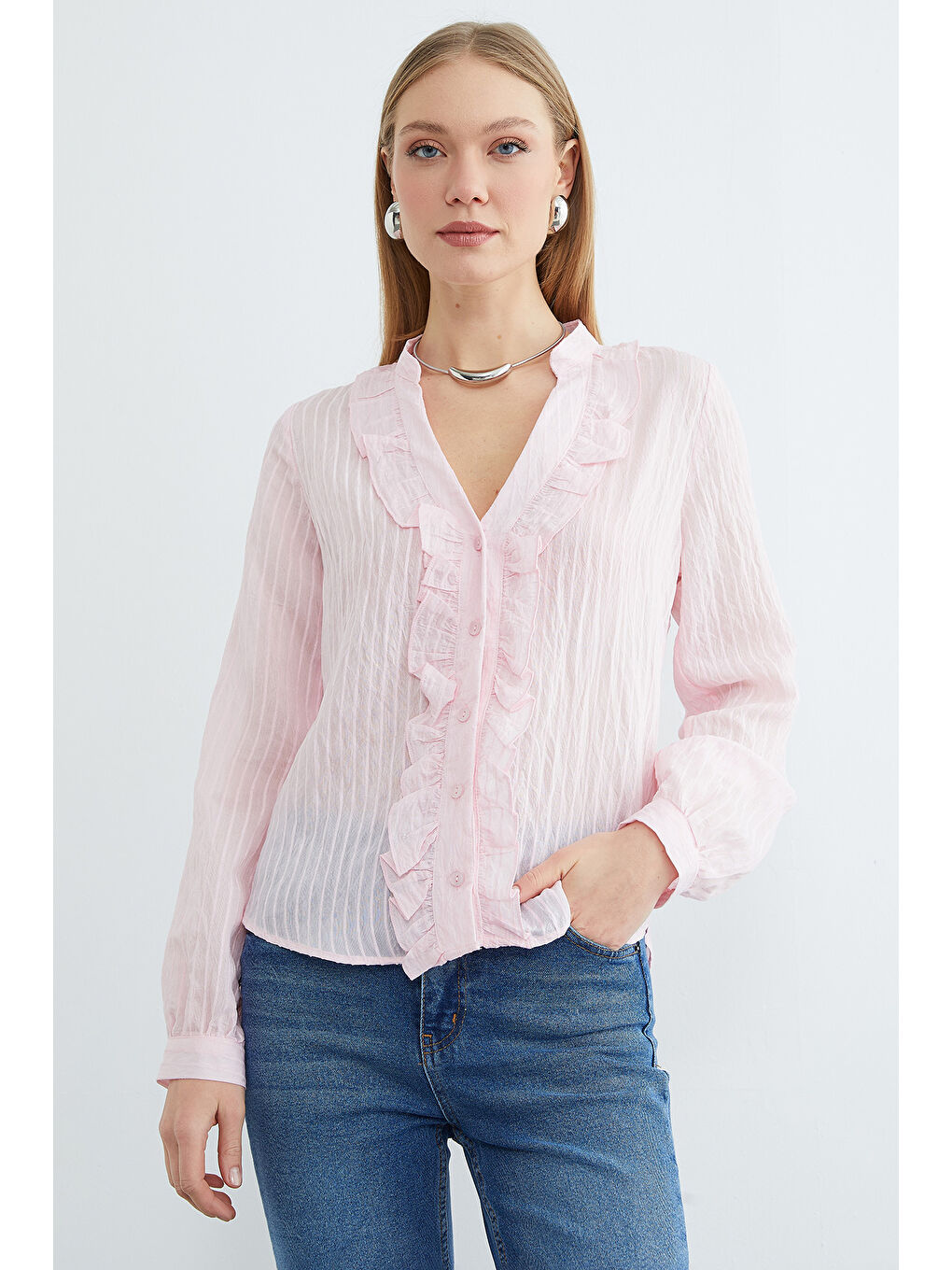 Pembe Önü Fırfırlı Çizgili Jakarlı Gömlek-1