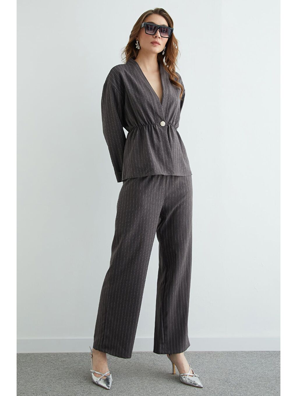 Antrasit Çizgili Beli Lastikli Blazer 2 Li Takım-2