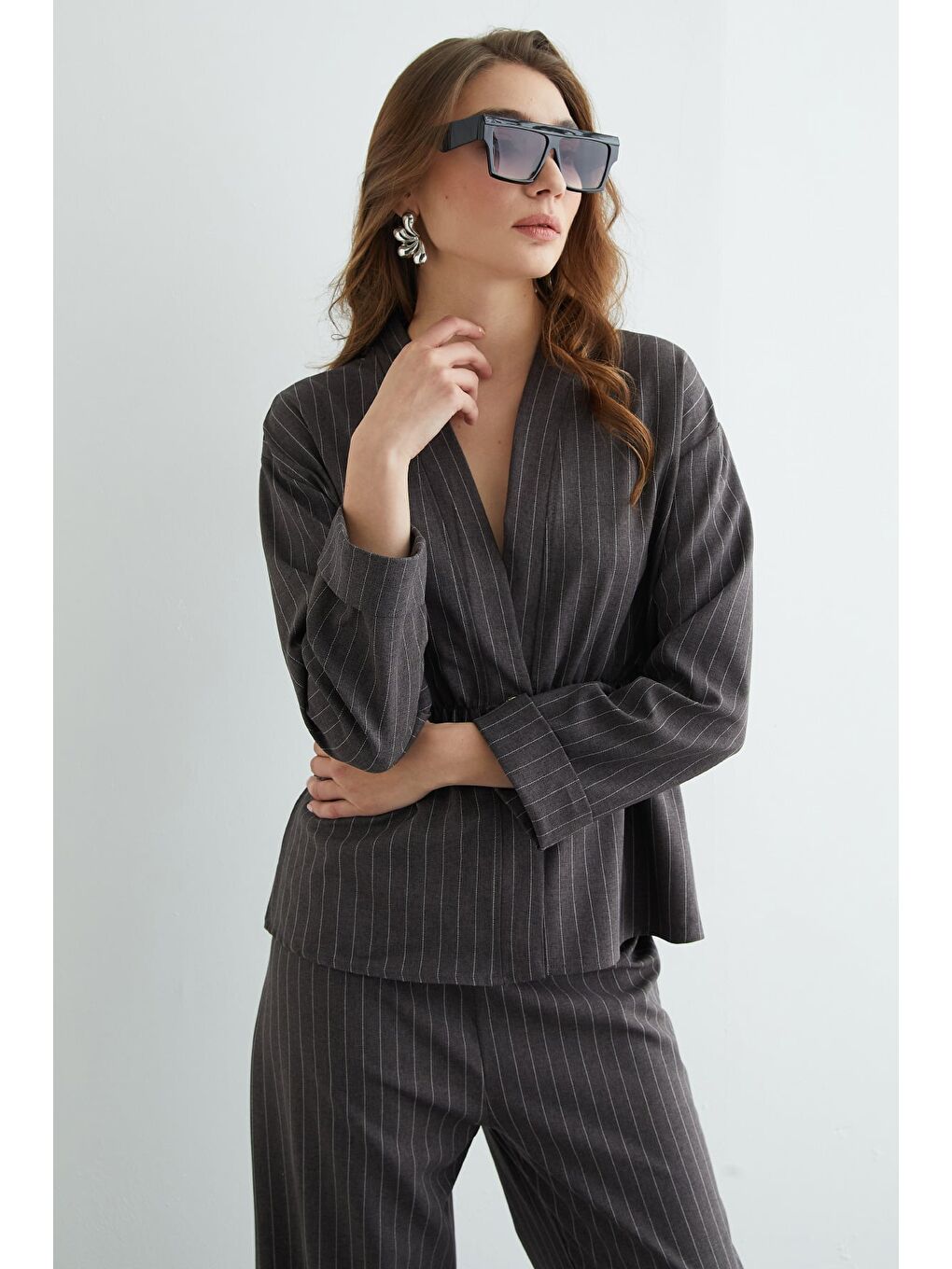 Antrasit Çizgili Beli Lastikli Blazer 2 Li Takım-3