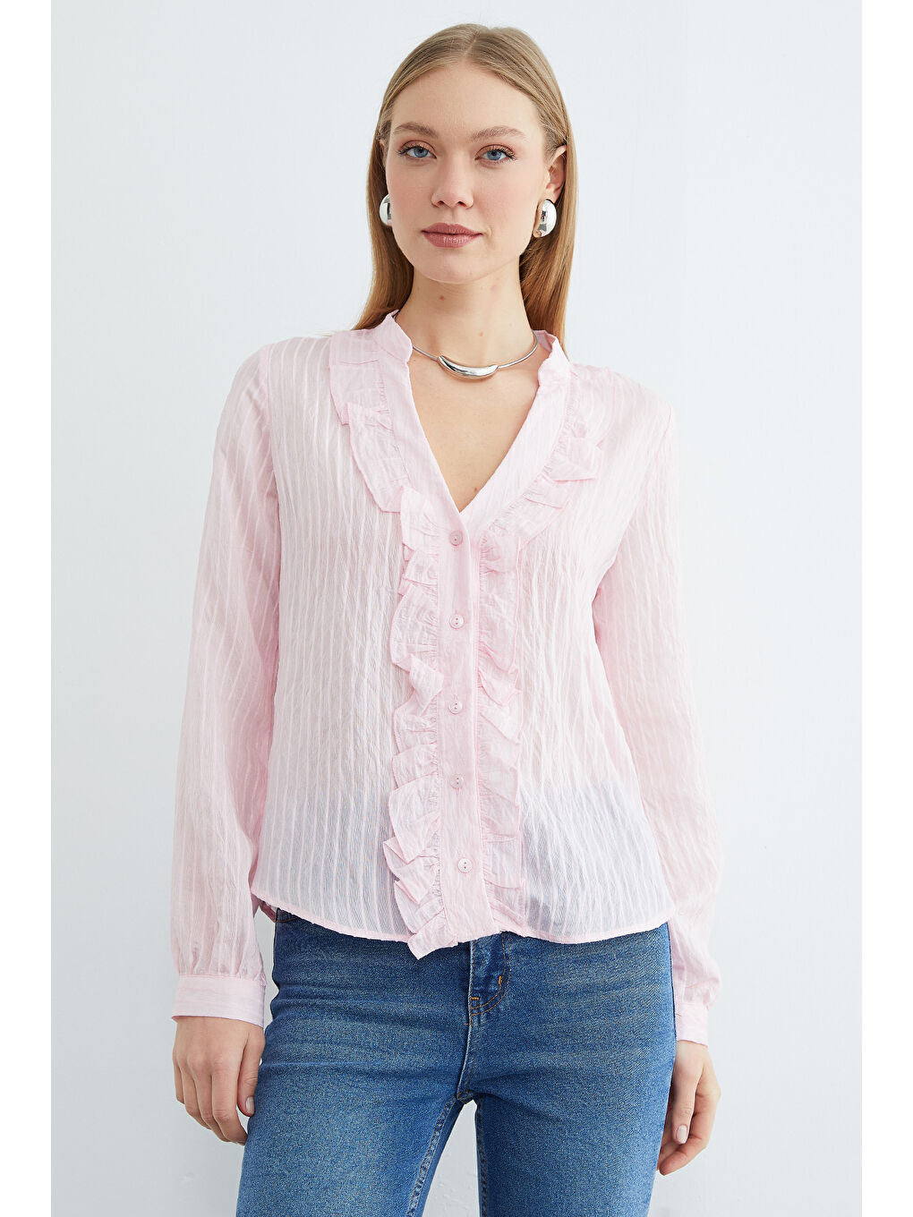 Pembe Önü Fırfırlı Çizgili Jakarlı Gömlek-2